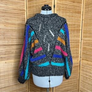 Vintage Mohair Blend Flecked Grey Multi Colored Stripe Women’s Sweater Jumper